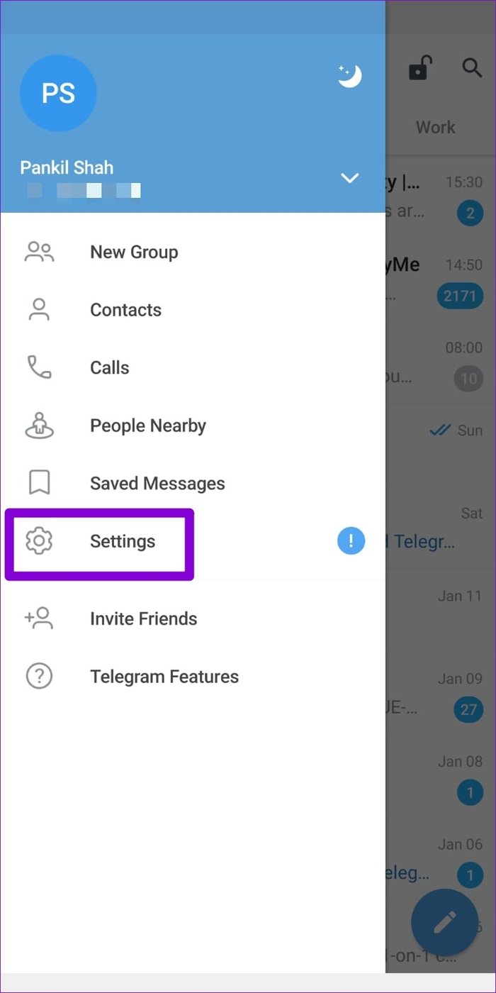 在 Android 上打开 Telegram 设置